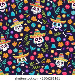 Cute hand drawn Day of the Dead illustrations, seamless pattern, colorful calaveras with detailed sombreros and flower decoration - vector design