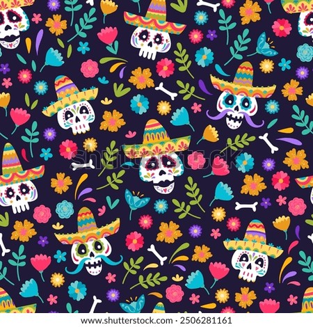 Cute hand drawn Day of the Dead illustrations, seamless pattern, colorful calaveras with detailed sombreros and flower decoration - vector design