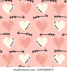 Cute hand drawn valentine’s day seamless vector pattern background illustration with pink and cream hearts and black arrows