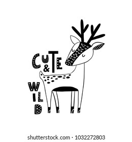 Cute hand drawn dear in black and white style. Cartoon vector illustration in scandinavian style