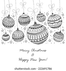cute hand drawn decorative abstract Christmas baubles in black and white colors hanging on ropes with stars and sparkles