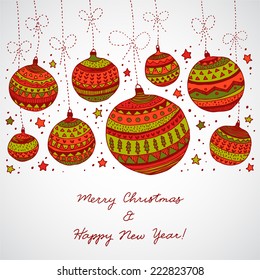 cute hand drawn decorative abstract Christmas baubles in bright red and green colors hanging on ropes with stars and sparkles