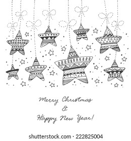 cute hand drawn decorative abstract Christmas stars in black and white colors hanging on ropes with stars and sparkles