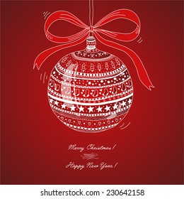 cute hand drawn decorative abstract Christmas bauble in bright colors hanging on rope 
