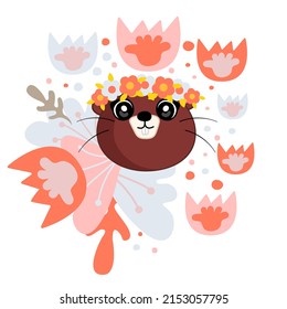 Cute hand drawn decorative color vector illustration. Cute otter character with flowers on his head. Otter and flowers on a white background. T-shirt design idea.