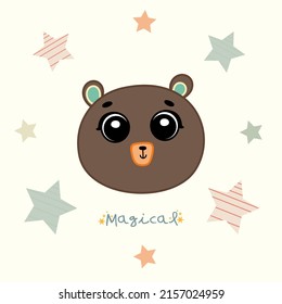 Cute hand drawn decorative color vector illustration. Cute bear character with stars and cute lettering, cute style illustration.T-shirt design idea.