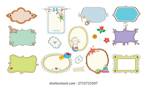 Conjunto de marco decorativo dibujado a mano lindo para niños, bordes de etiquetas de dibujos animados coloridos, marcos de garabatos infantiles, divertidos Elementos de ilustración de bebé, Colección de diseño de vivero juguetón.