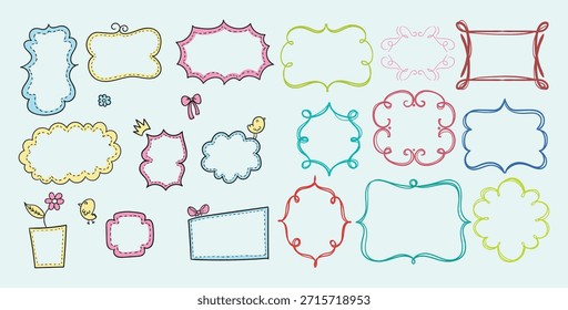 Conjunto de marco decorativo dibujado a mano lindo, bordes de etiquetas de dibujos animados en pastel, marcos juguetones de Doodle para niños, Elementos coloridos de ilustración de vivero, Colección de diseño caprichoso.