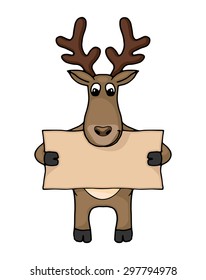 Cute hand drawn deer with blank banner in hands isolated on the white background