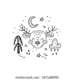 Cute hand drawn deer childish print. Childish print for apparel, nursery decoration, cards,posters, t-shirt. Vector Illustration