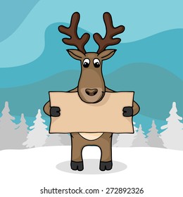 Cute hand drawn deer with empty banner in hands