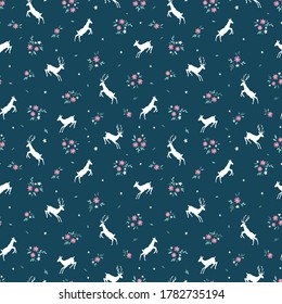 Cute hand drawn deer with flowers seamless pattern, alpine background, great for textiles, banners, Oktoberfest designs, wrapping - vector design