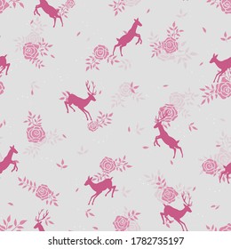 Cute hand drawn deer with flowers seamless pattern, alpine background, great for textiles, banners, Oktoberfest designs, wrapping - vector design