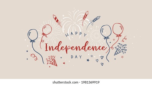 Diseño con dibujos a mano, banner del 4 de julio con confeti y decoración, elementos de doodle, estupendo para banners, fondos de pantalla, invitaciones - diseño vectorial