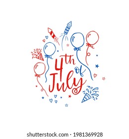 Fein handgezeichnetes Design, 4. Juli Banner mit Konfetti und Dekoration, Doodle-Elemente, ideal für Banner, Wallpaper, Einladungen - Vektordesign