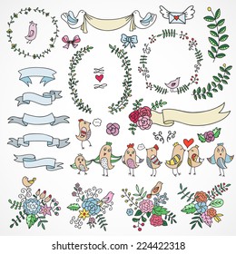 Cute hand drawn design elements: flowers, wreaths, banners, ribbons made in vector