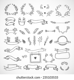 Cute hand drawn design elements: flowers, wreaths, banners, ribbons made in vector