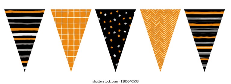 Cute Hand Drawn Design Vector Bunting. Party Decoration. Do It Yourself. Various Patterns Set. Lines, Grid, Stars And Chervron Irregular Design. Party Garland Elements. Orange, Black, Gray and White C