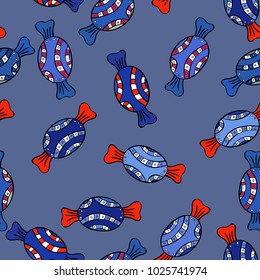 Cute hand drawn dessert illustration seamless pattern with blue, black and red background. Vector.