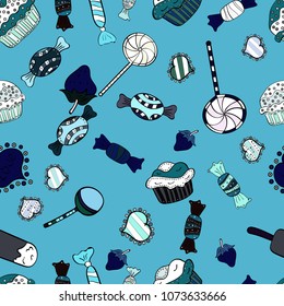 Cute hand drawn dessert illustration seamless pattern with blue, black and white background. Vector.
