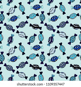 Cute hand drawn dessert illustration seamless pattern with neutral, black and blue background. Vector.