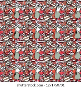 Cute hand drawn dessert illustration seamless pattern with black, gray and white background. Vector.