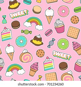 Cute hand drawn dessert illustration seamless pattern with pink background - Shutterstock ID 701234260