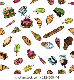 Cute hand drawn dessert seamless pattern isolated on white background, vector illustration.