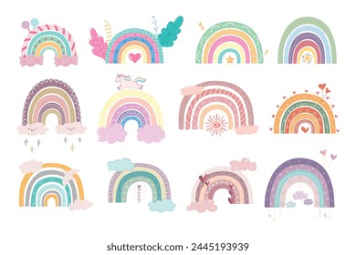 Cute hand drawn different colorful rainbows with decorations. Scandinavian style rainbows, candy rainbow, unicorn, hearts, plants and stars. Vector illustration.