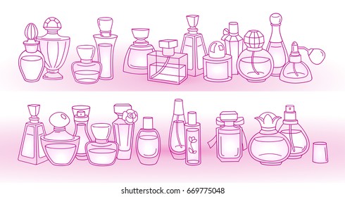 Cute hand drawn different colorful perfume bottles on the shelf. Pink background. Vector silhouettes.