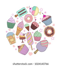 Cute hand drawn with different types of ice cream. Doodle texture with sweet desserts. Perfect background for cafe or restaurant menu. Vector illustration. - Shutterstock ID 1024143766