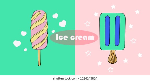 Cute hand drawn with different types of ice cream. Doodle texture with sweet desserts. Perfect background for cafe or restaurant menu. Vector illustration.