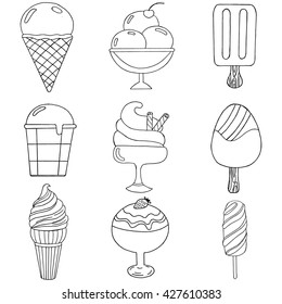 Cute hand drawn with different types of ice cream. Doodle texture with sweet desserts. Perfect background for cafe or restaurant menu.