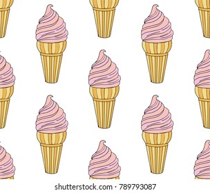Cute hand drawn with different types of ice cream. Doodle texture with sweet desserts. Perfect background for cafe or restaurant menu.