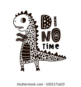 Cute hand drawn dino with lettering. Cartoon super hero bear vector illustration in scandinavian style. Black and white vector apparel print