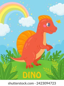 Cute hand drawn dinosaur with a butterfly, plants, rainbow, clouds. Funny smiling dino character in cartoon style. Print for baby posters, cards, clothes, cover, stickers. Vector illustration 