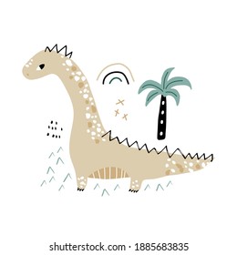 Cute hand drawn dinosaur. Cartoon dino illustration with palm tree in scandinavian style. Creative vector dino print