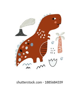 Cute hand drawn dinosaur. Cartoon baby T- rex illustration in scandinavian style. Creative vector dino print