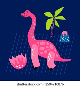 Cute hand drawn dinosaur character. Vector card or nursery poster template.