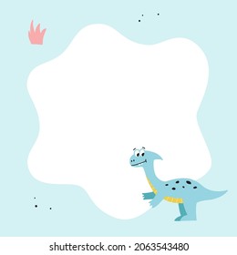 Cute hand drawn dinosaur with frame. Template for text or photo. Suitable for party, kindergarten, preschool. Vector illustration.