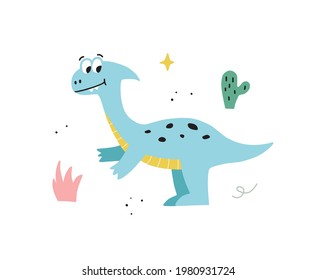 Cute hand drawn dinosaur. Funny cartoon dino. Vector kids illustration.