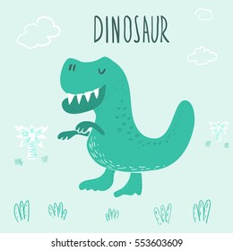 Cute hand drawn dinosaur illustration. vector print.