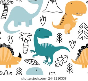 Cute hand drawn dinosaur seamless pattern.