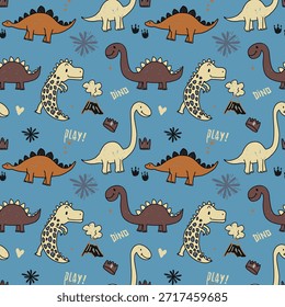 Cute Hand Drawn Dinosaur Seamless Pattern for Kids Clothing and Nursery Fabric