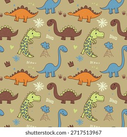 Lindo Dinosaurio Dibujado a Mano Patrón Sin Costuras en Tono de Tierra para Ropa de Niños y Tela de Vivero