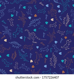 Cute hand drawn dinosaur vector seamless pattern background. Great for kids apparel ,nursery and home decor.  