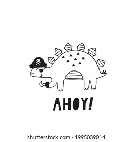 Cute hand drawn dinosaurs in doodle style. Pirate party vector illustration. Cartoon cute Dino pirate - vector print.