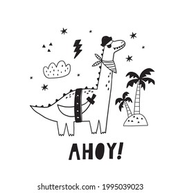Cute hand drawn dinosaurs in doodle style. Pirate party vector illustration. Cartoon cute Dino pirate - vector print.