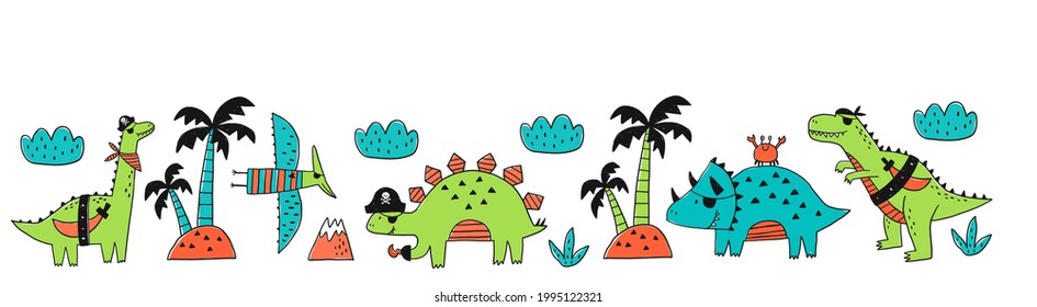 Cute hand drawn dinosaurs in doodle style. Pirate party vector illustration. Cartoon cute Dino pirate - vector print.