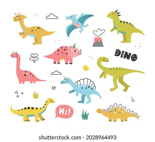 Dinosaurios dibujados a mano, plantas tropicales y letras. Colección de dinos en estilo doodle. Ilustración vectorial para los niños.